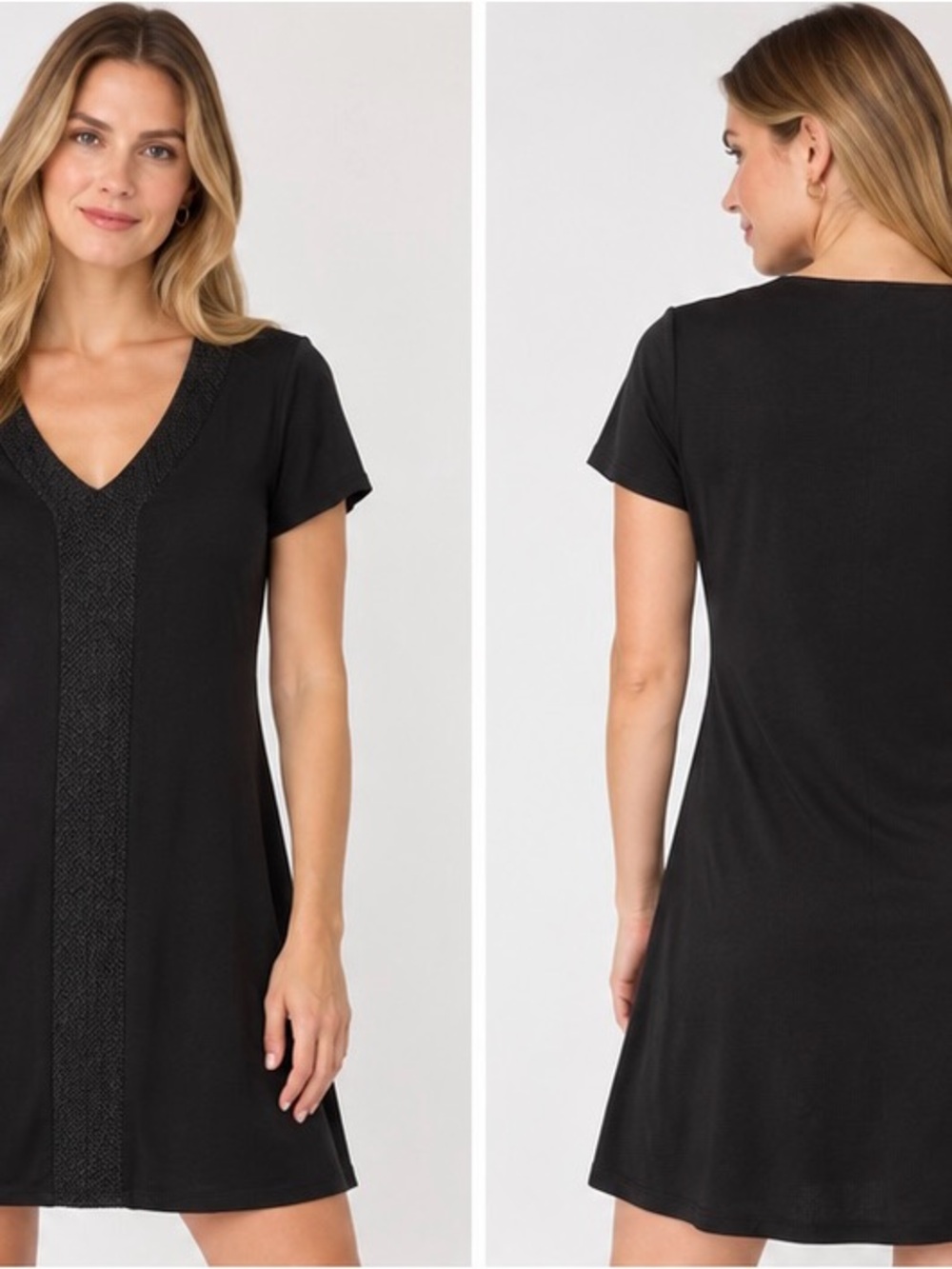 Adrianna Papell Black V-Neck Tunic with Knit Center Panel